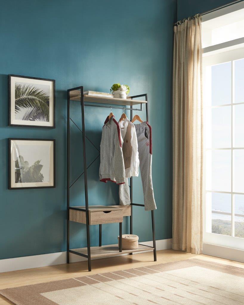 Metal Clothes Rack Open Wardrobe, Drawer, Rod - Brown/Black