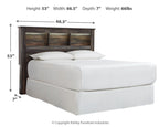 Bookcase headboard with white upholstered bed, dark wood, side profile view