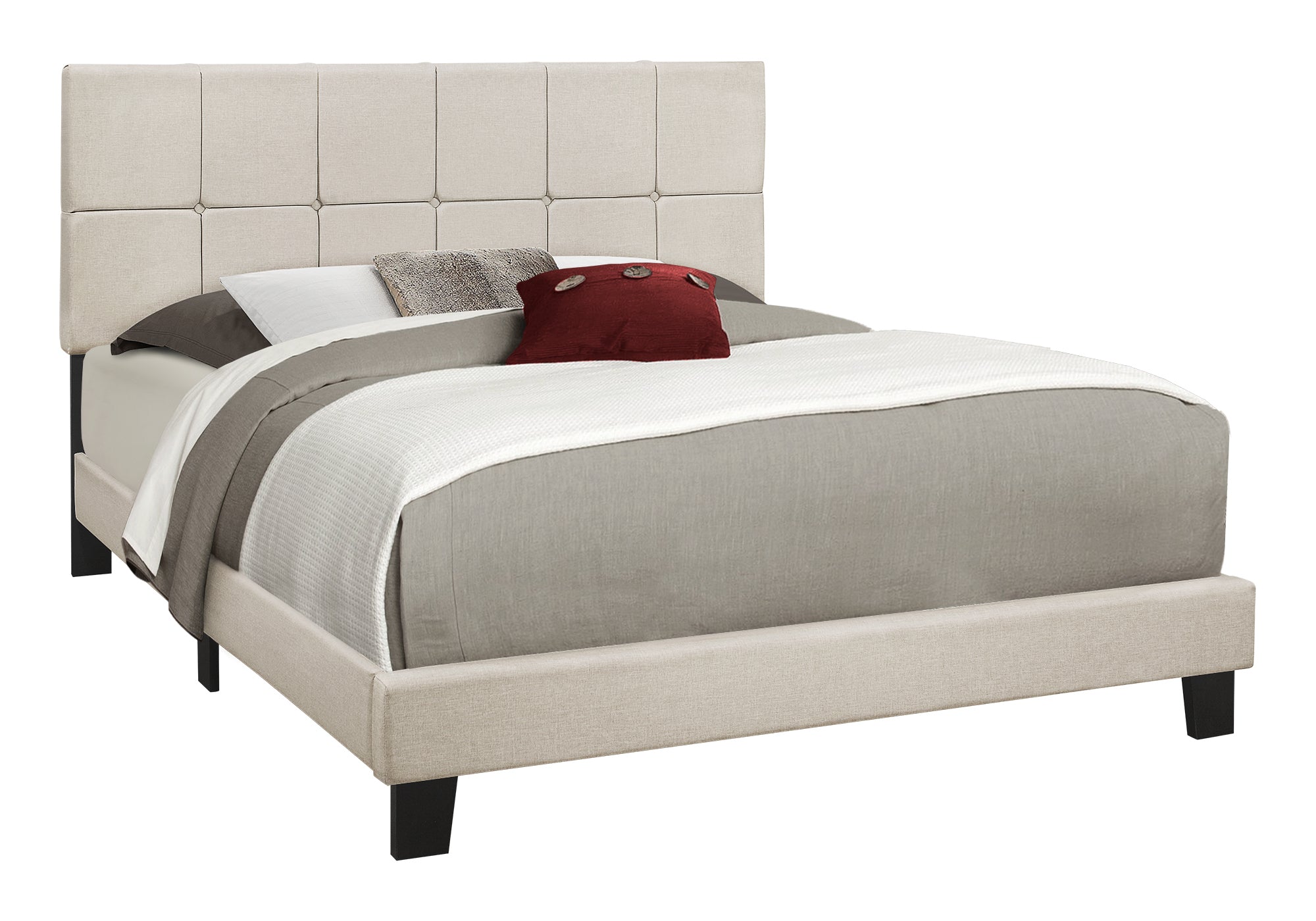 Transitional Beige Linen Upholstered Queen Bed Black Wood Legs