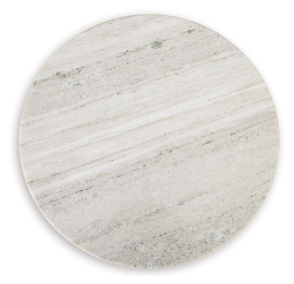 Henfield accent table top: round beige stone slab with subtle gray veining