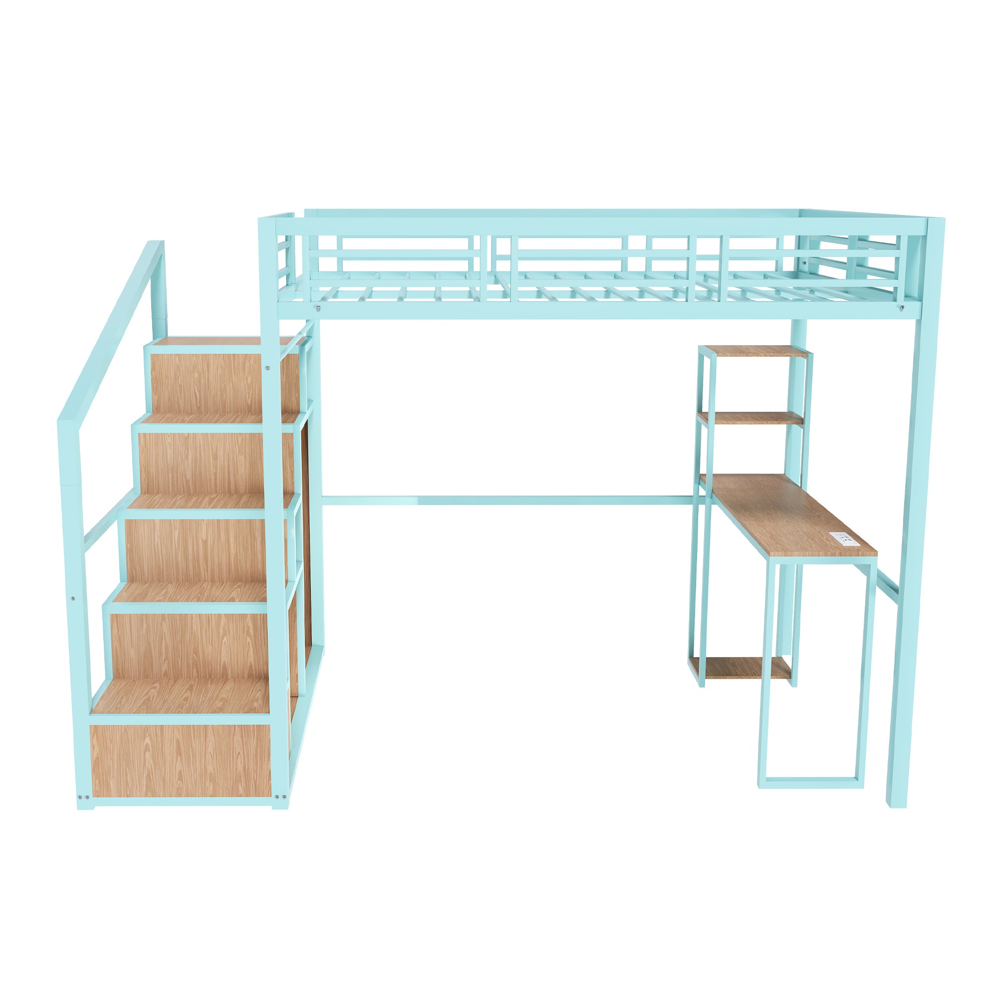Green Heavy Metal Full Loft Bed w/ Desk, Storage, Staircase, Kids/Teens