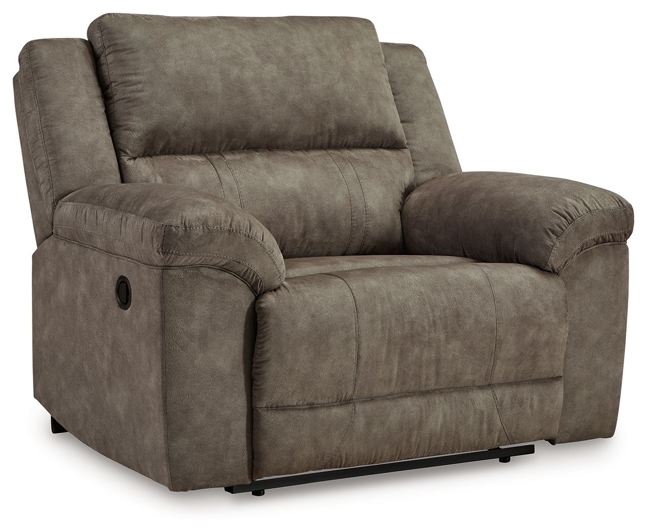 Fossil gray recliner with padded arms, wide seat, and smooth front panel