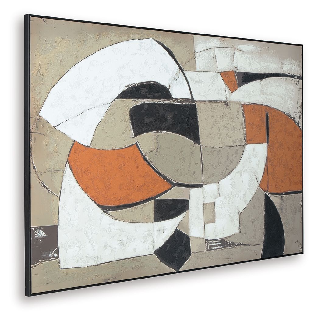 Large abstract wall art of interlocking circles and blocks in white, black, beige, and rust