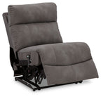 Slate power armless recliner with adjustable headrest and wide padded armless silhouette