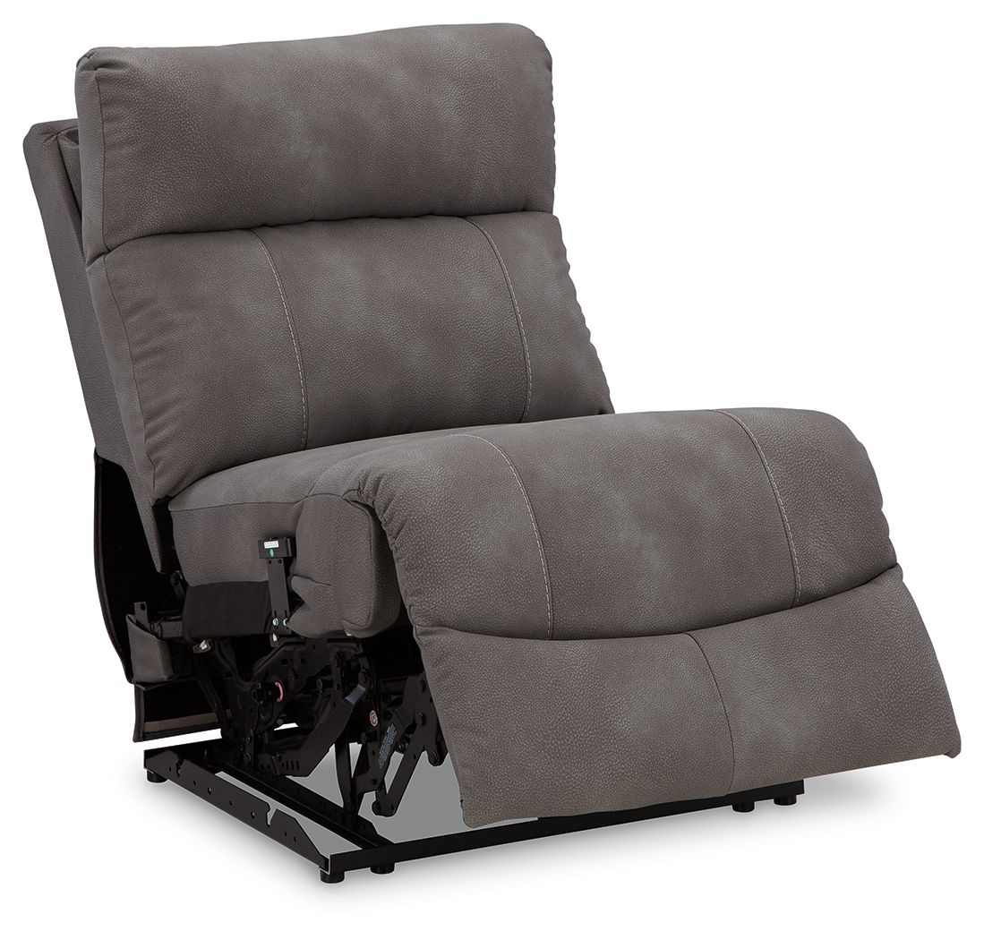 Slate power armless recliner with adjustable headrest and wide padded armless silhouette