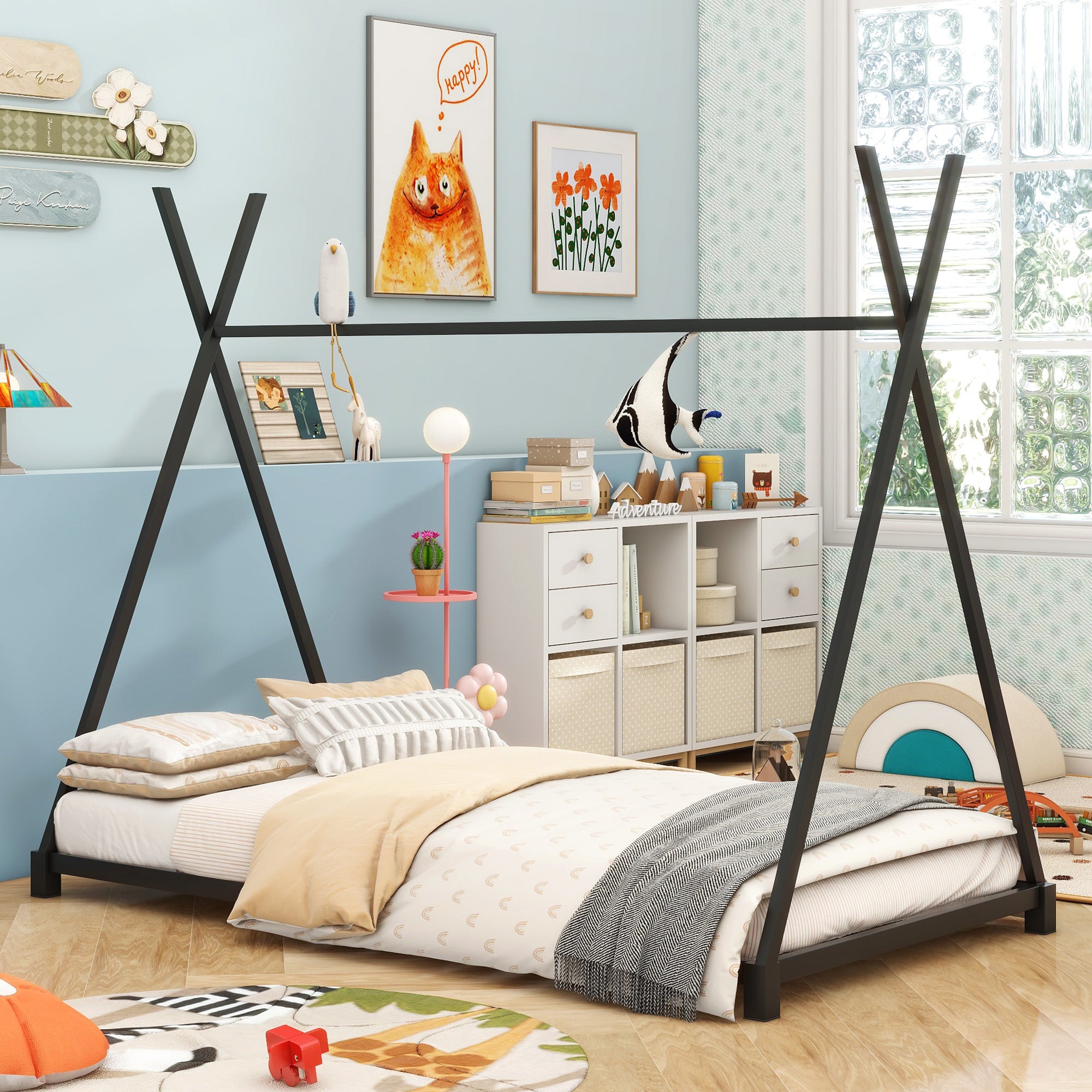 Metal Twin House Platform Bed - Triangle Structure, Black