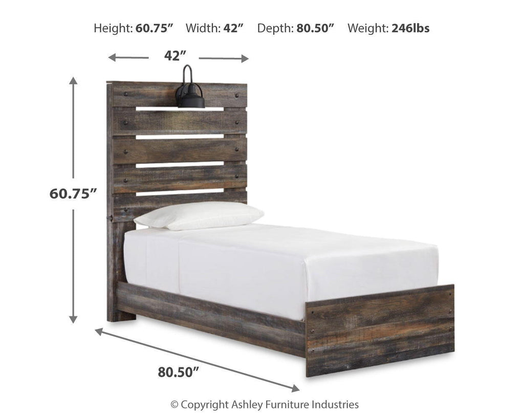 Panel bed with dark wood frame and panel headboard; compact footprint with side openings