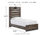 Panel bed with dark wood frame and panel headboard; compact footprint with side openings