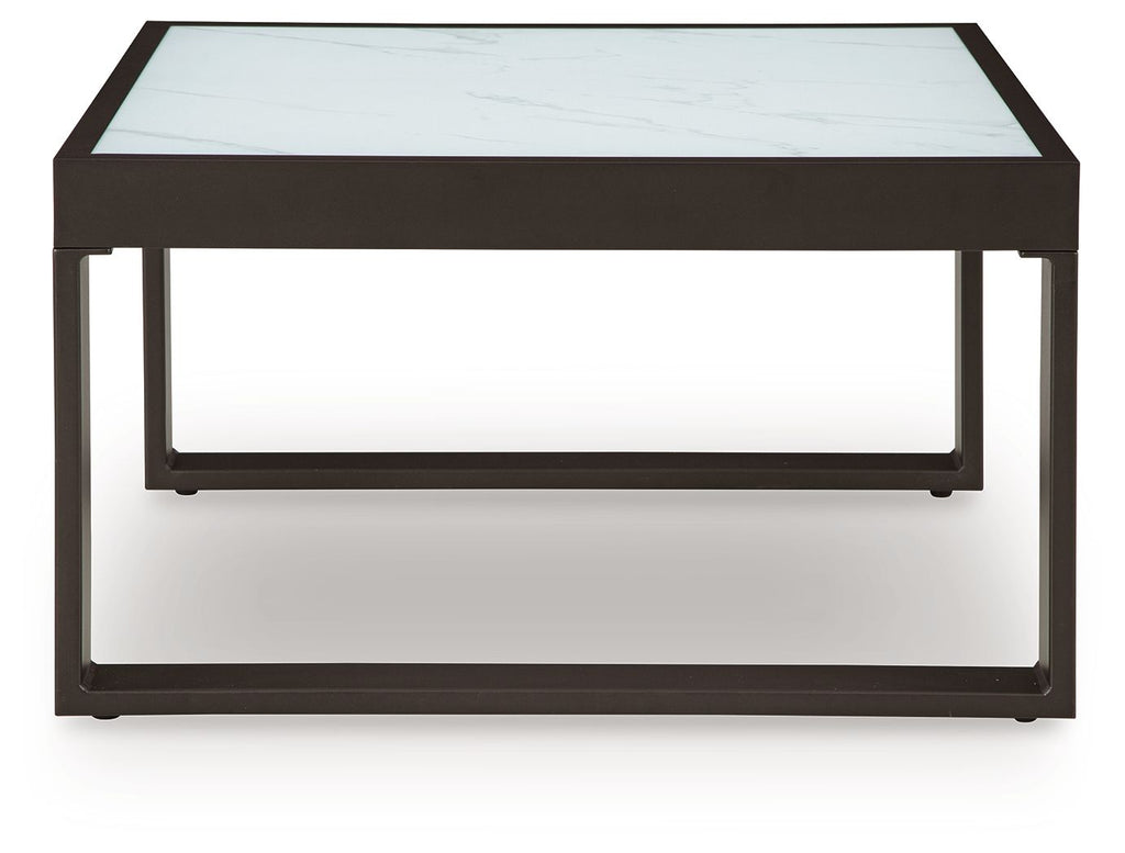 Square cocktail table with open lower shelf and light gray marble-style top