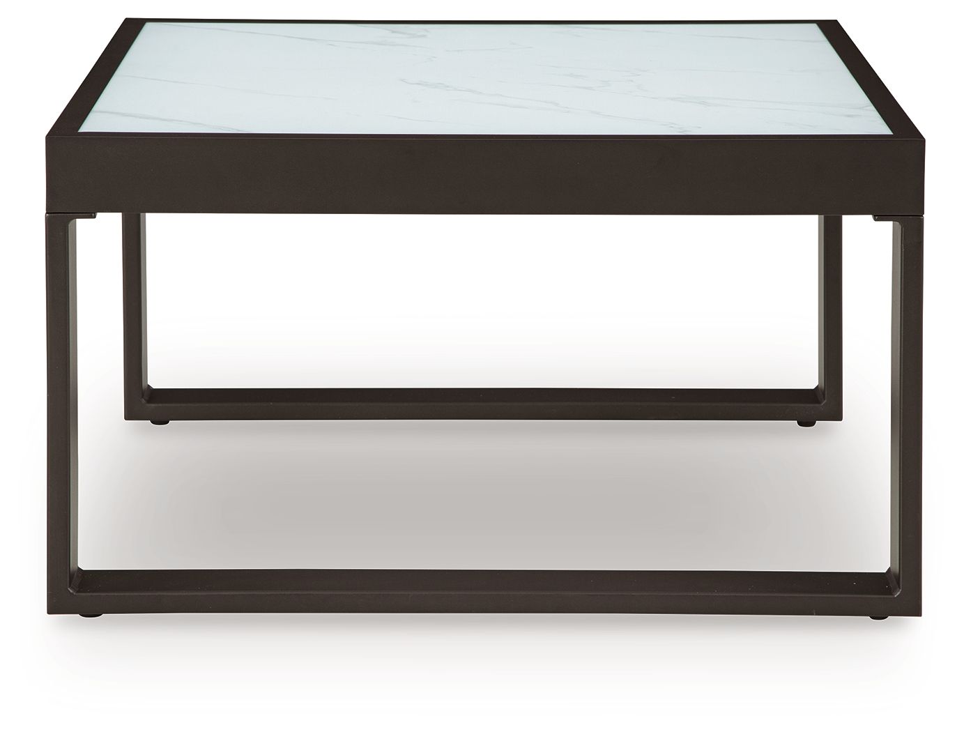 Square cocktail table with open lower shelf and light gray marble-style top