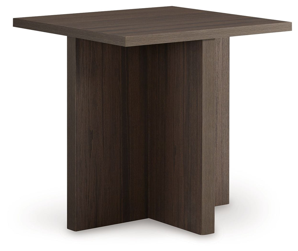 Brown occasional table with rectangular top and vertical wood-grain panel legs
