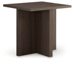 Brown occasional table with rectangular top and vertical wood-grain panel legs