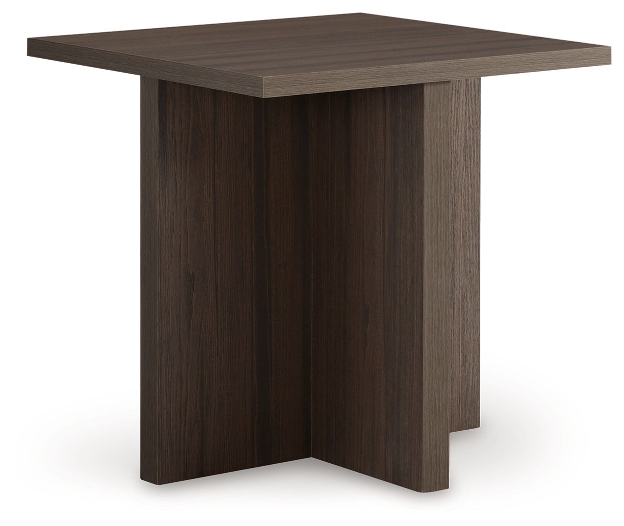 Brown occasional table with rectangular top and vertical wood-grain panel legs
