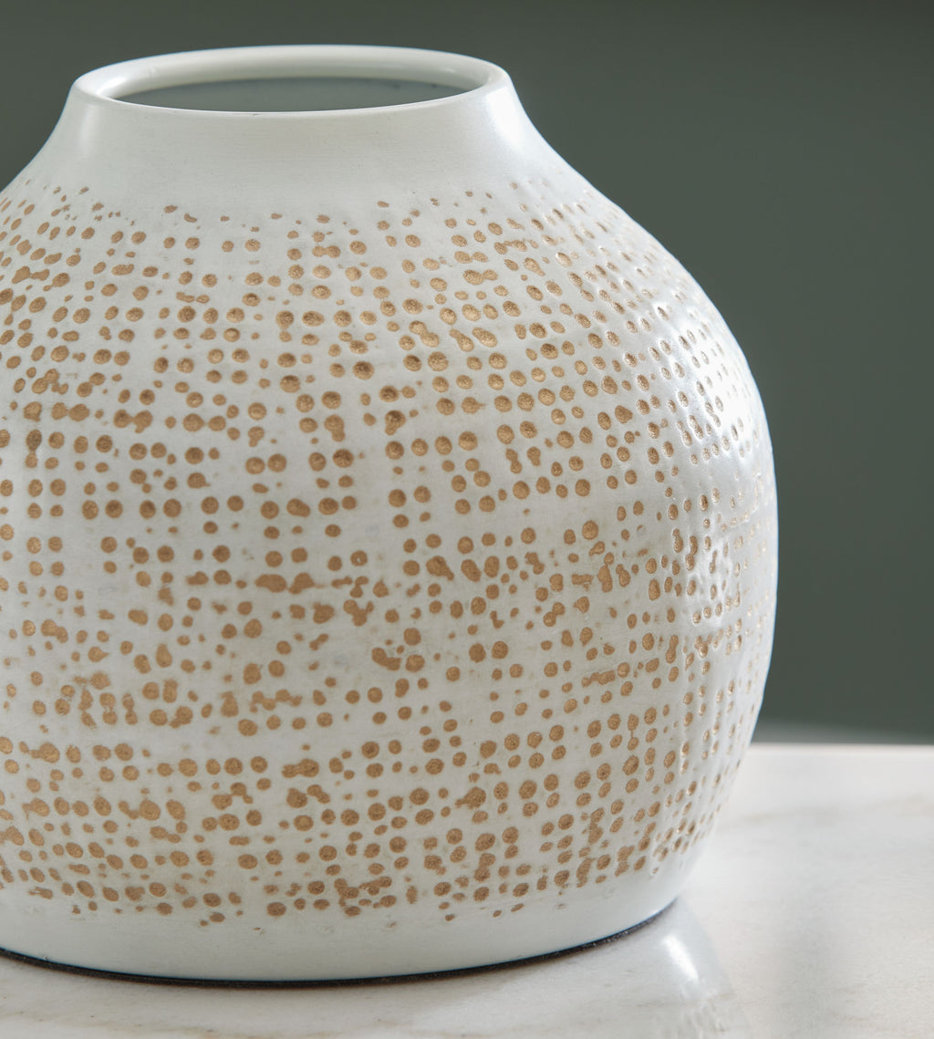 Vinburn accessory set white speckled vase with wide open top and smooth rim