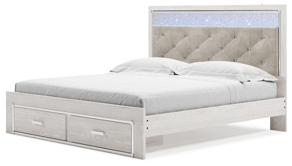 White storage bed with gray tufted headboard and two front storage drawers
