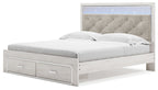 White storage bed with gray tufted headboard and two front storage drawers