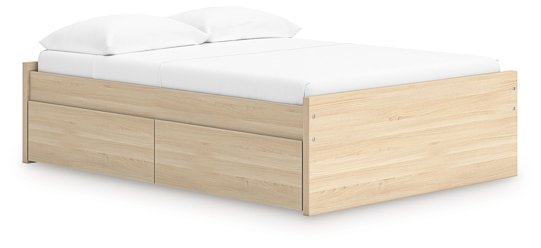 Light brown platform bed with upholstered headboard and two side drawer panels