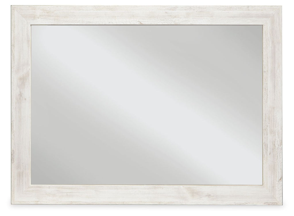 Rectangular bedroom accent mirror with whitewashed frame and reflective glass