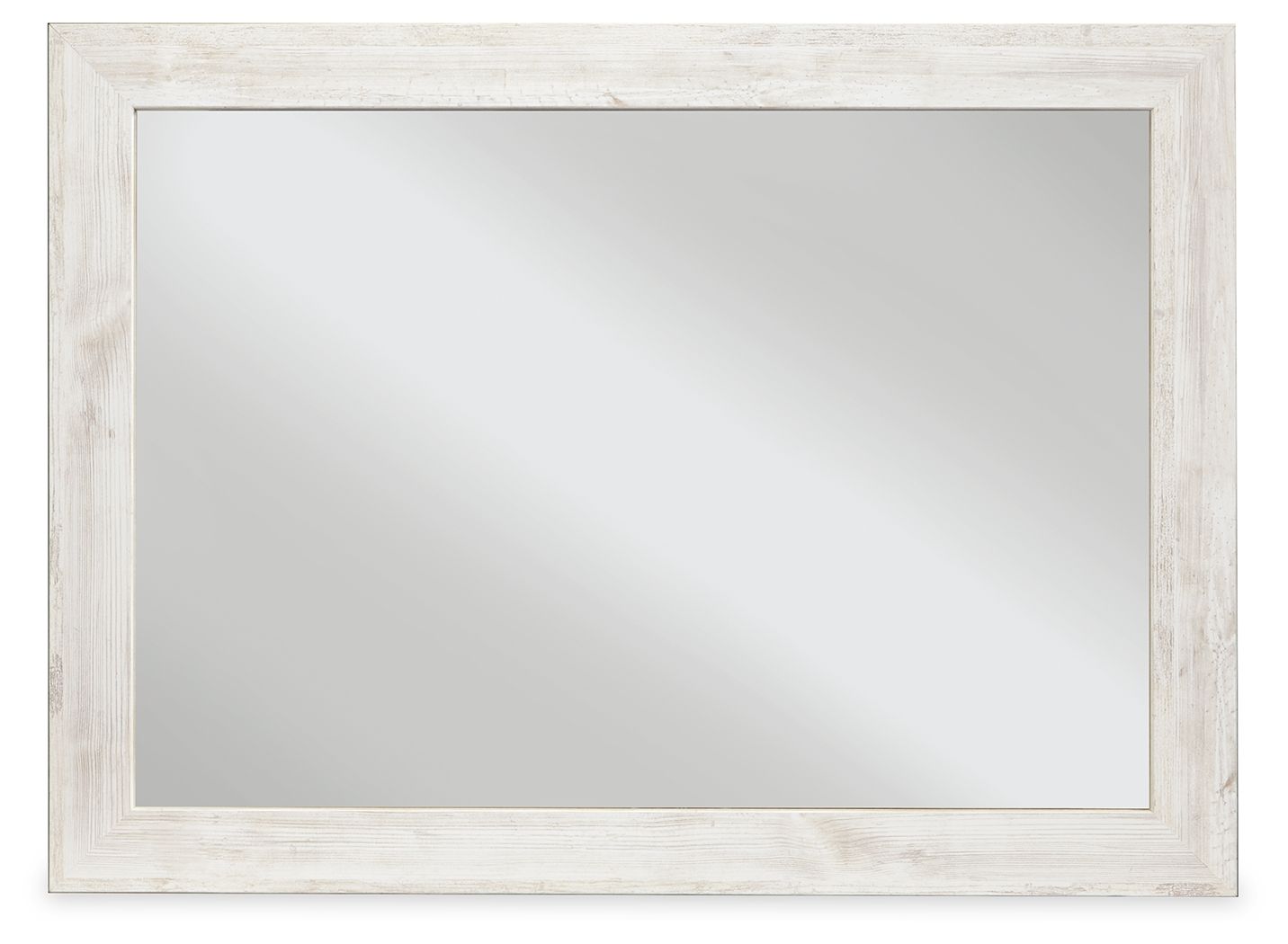 Rectangular bedroom accent mirror with whitewashed frame and reflective glass