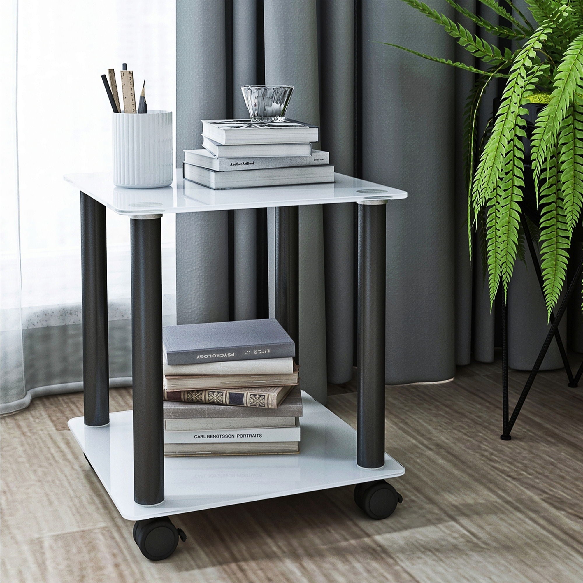 1 Piece White And Black Side Table, 2-Tier Space End Table, Modern Night Stand, Sofa Table, Side Table With Storage Shelve