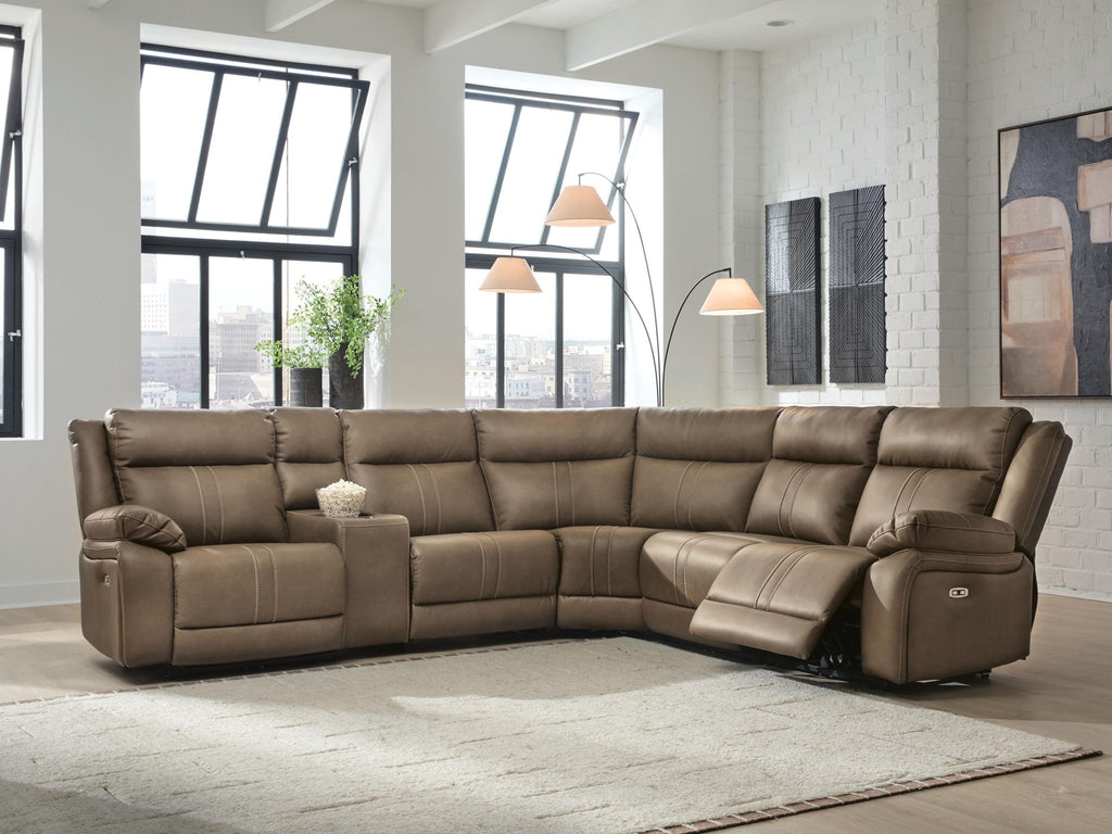 Taupe-brown power reclining sectional sofa with chaise corner and padded armrests
