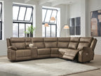 Taupe-brown power reclining sectional sofa with chaise corner and padded armrests