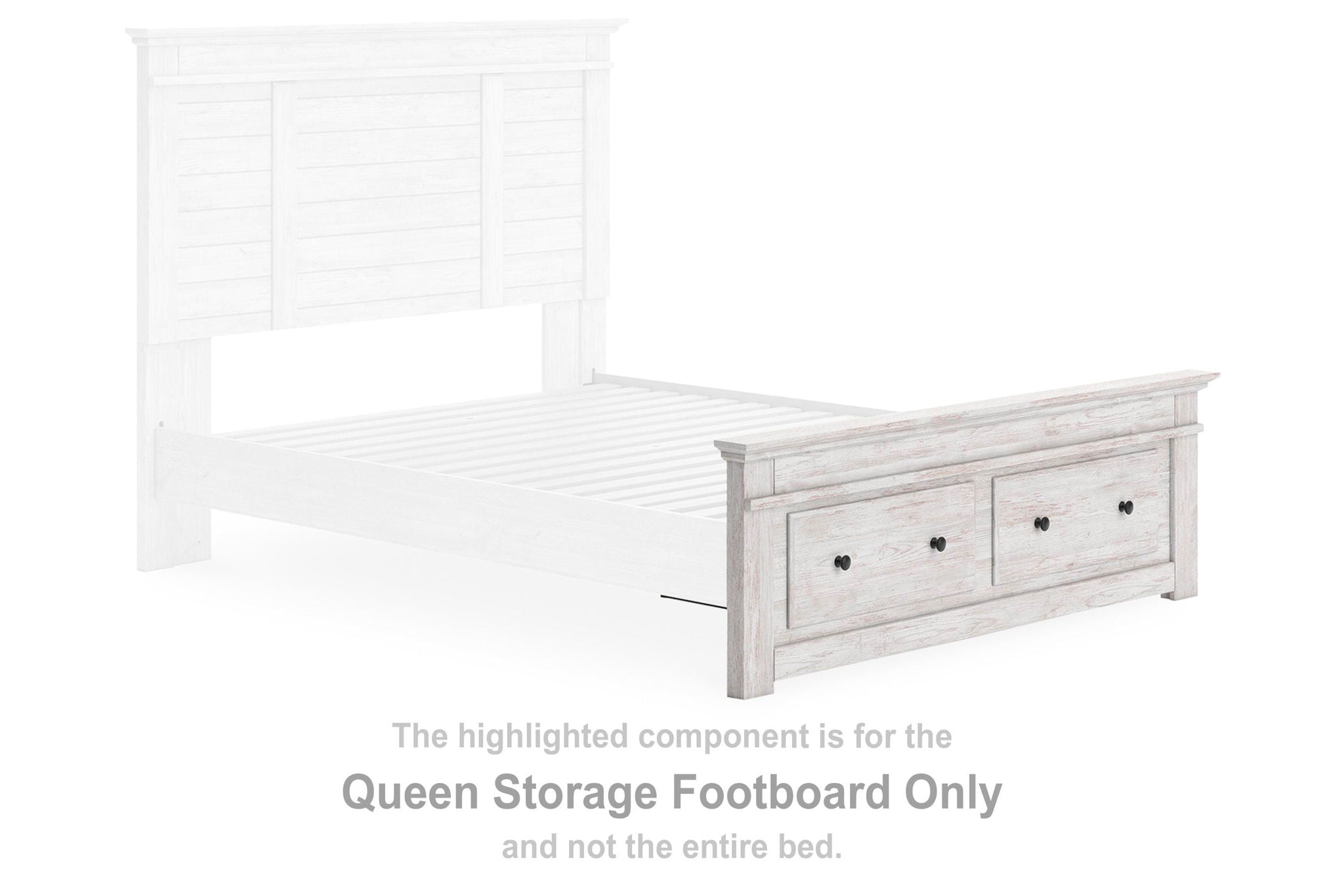 Queen storage footboard with whitewash finish and four drawer fronts