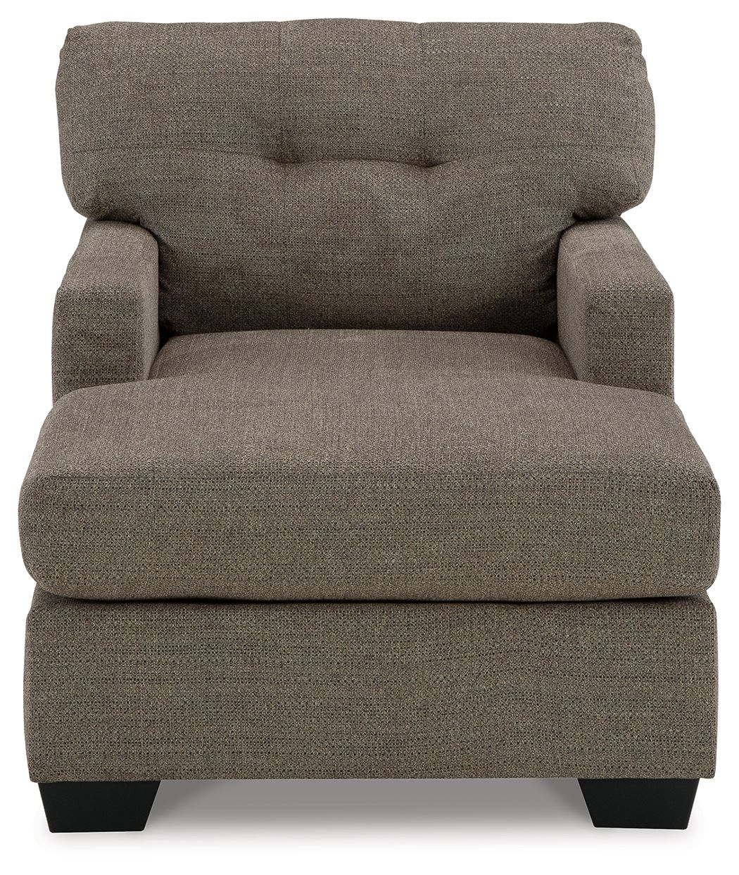 Dark brown upholstered chaise chair with tufted back, padded seat, and black feet