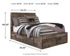 Rustic panel bed with dark wood frame and striped bedding, shown with width/height
