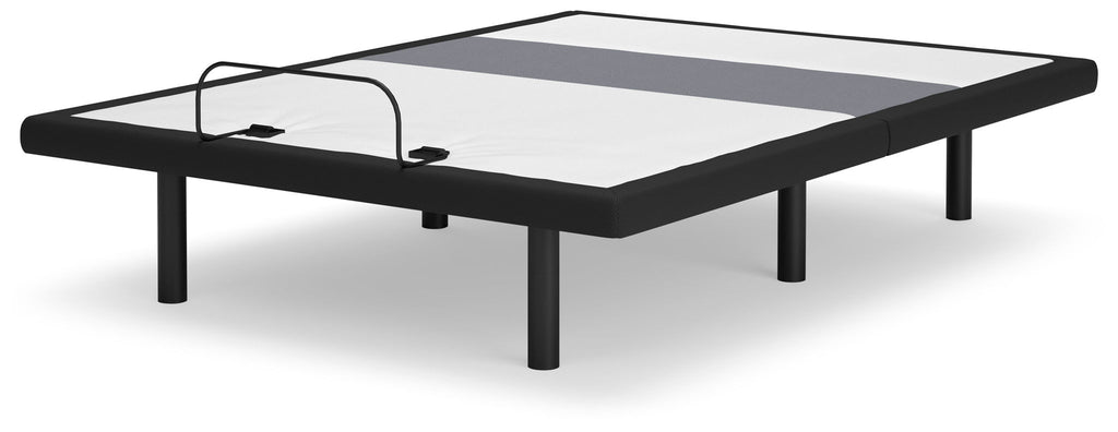 Black bed base with light fabric top, side support straps, and metal legs