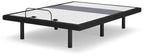 Black bed base with light fabric top, side support straps, and metal legs