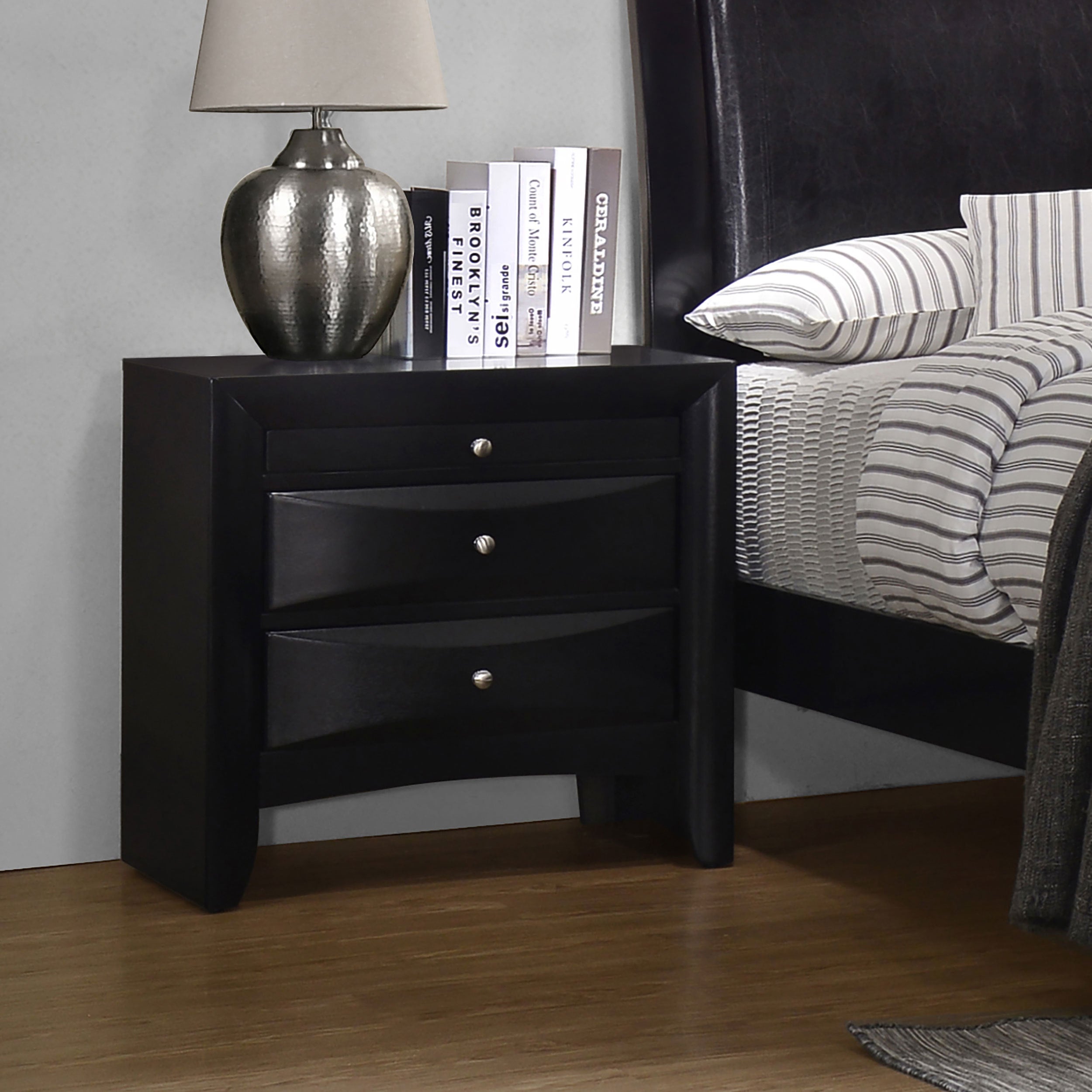 Vollenhove Black 2-Drawer Nightstand with Pull-Out Tray - Storage Solution