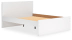 White panel platform bed with slatted storage base exposed and black support feet