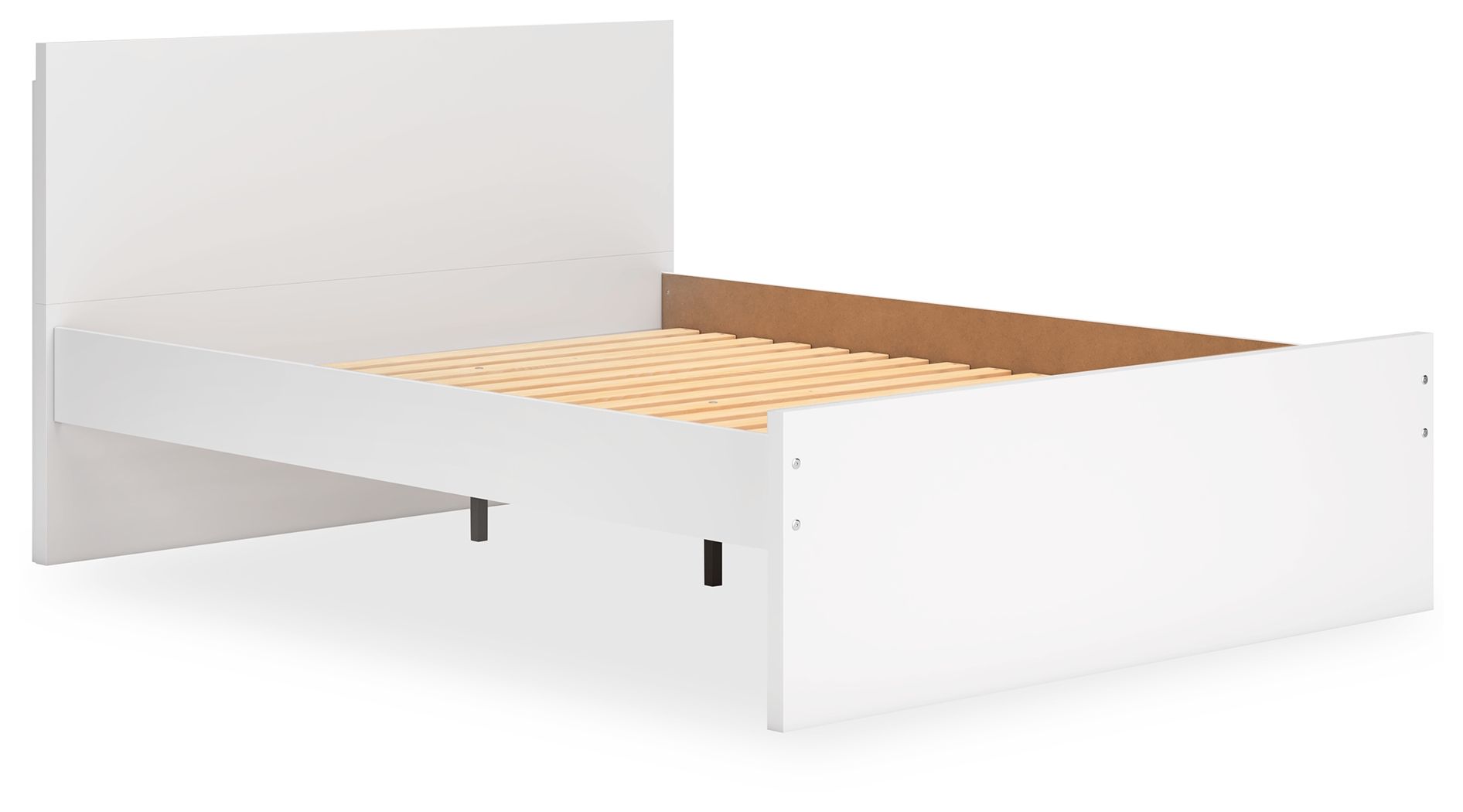 White panel platform bed with slatted storage base exposed and black support feet