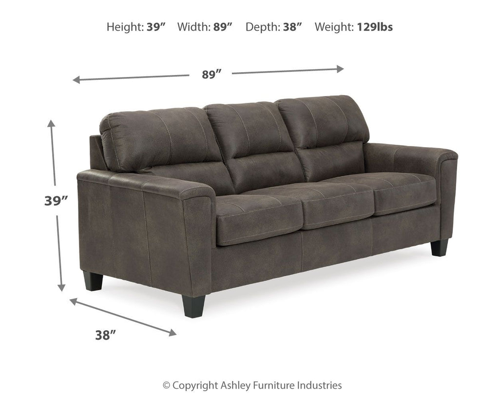 Stationary sofa in smoke gray with 89" width, 39" height, 38" depth shown