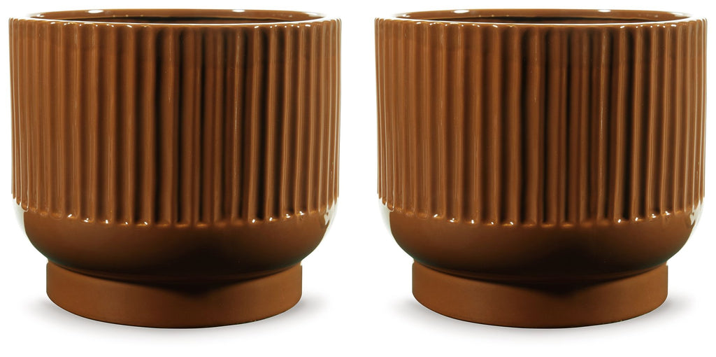 Small fluted vase, dark brown ceramic, rounded foot; set of two
