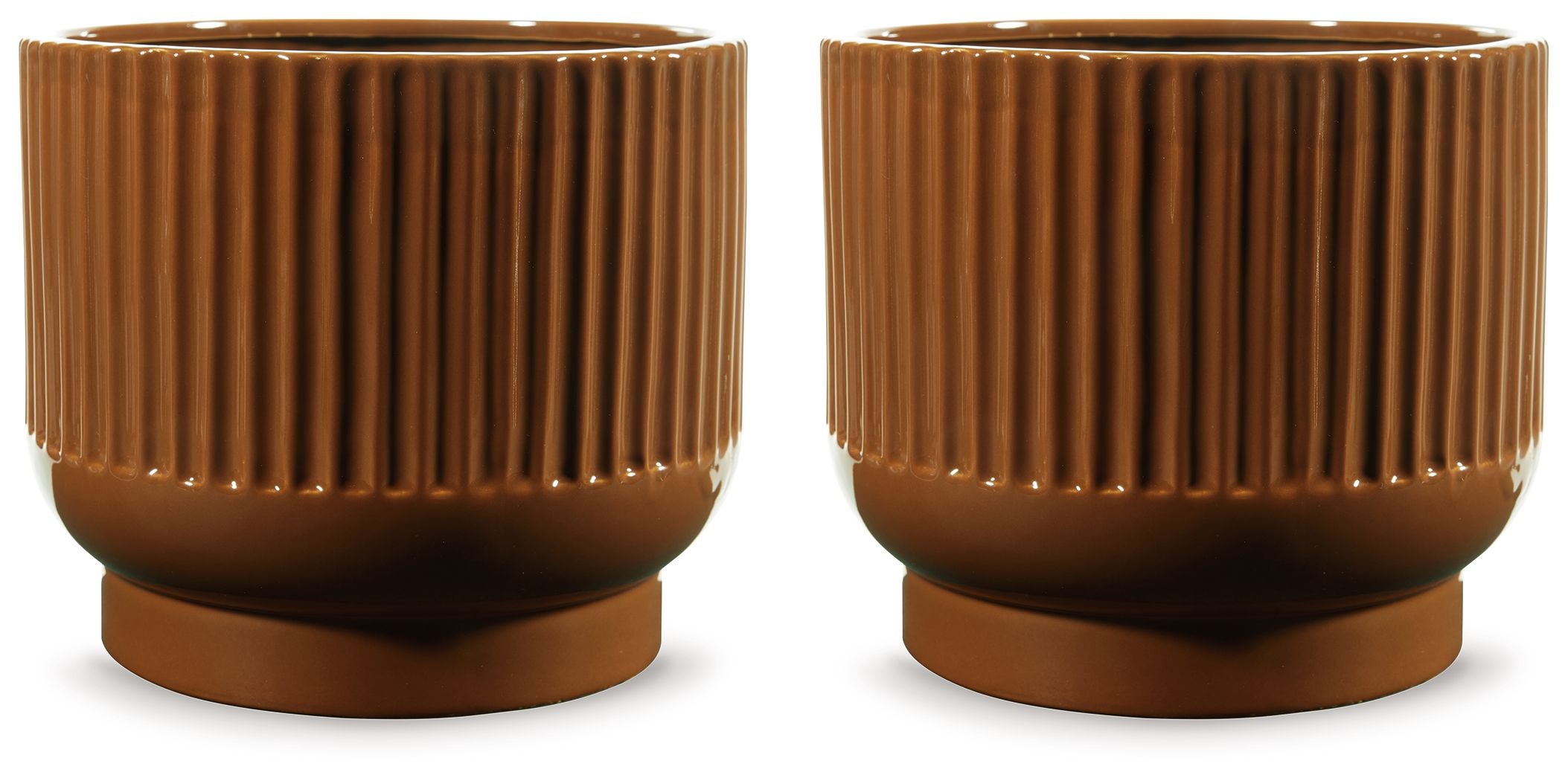 Small fluted vase, dark brown ceramic, rounded foot; set of two