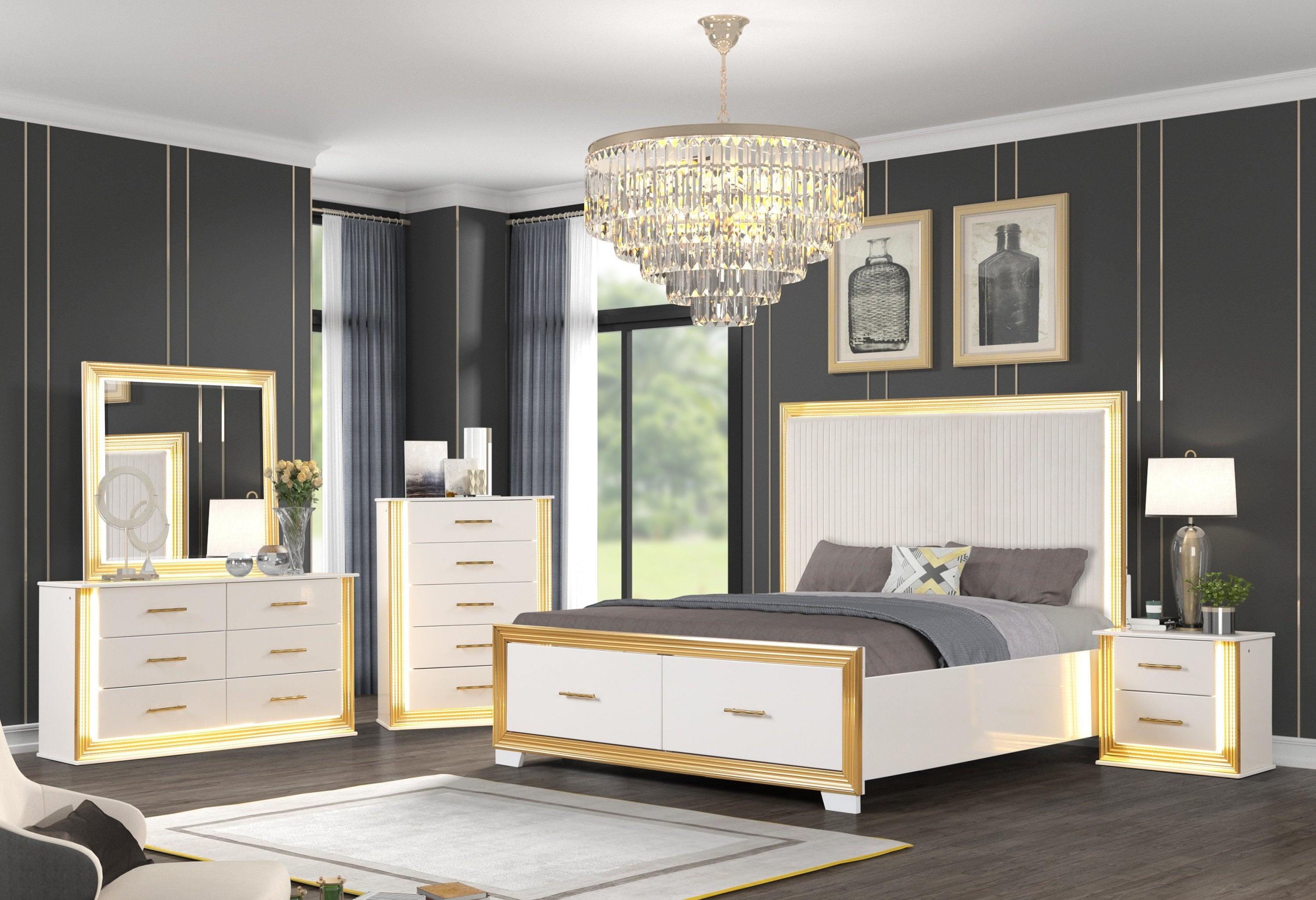 OBSESSION Contemporary 5PC Queen Bedroom Set - Wood & Gold Finish (CA)