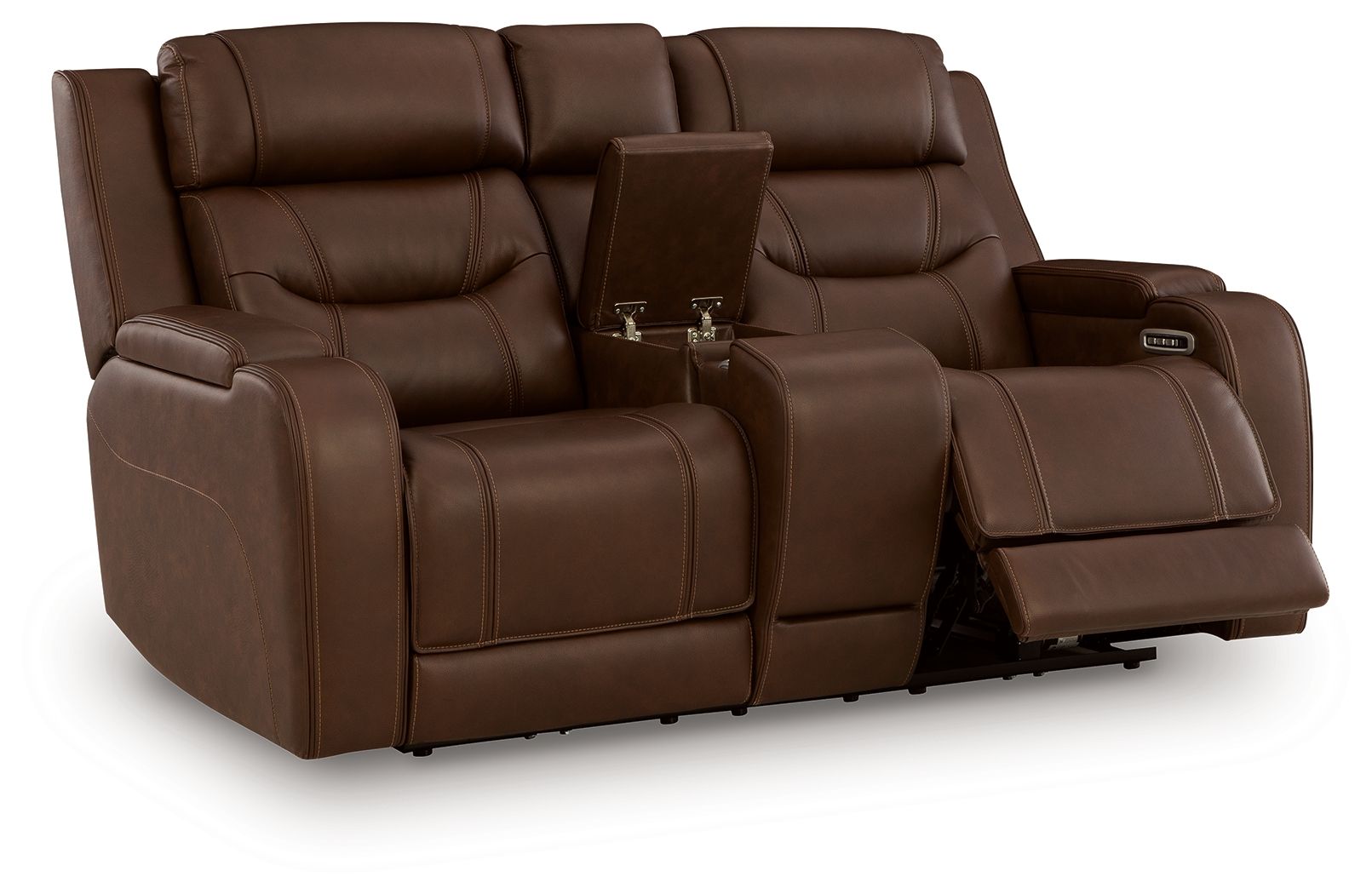 Power reclining loveseat with audio seating, brown upholstery, recliner footrests extended