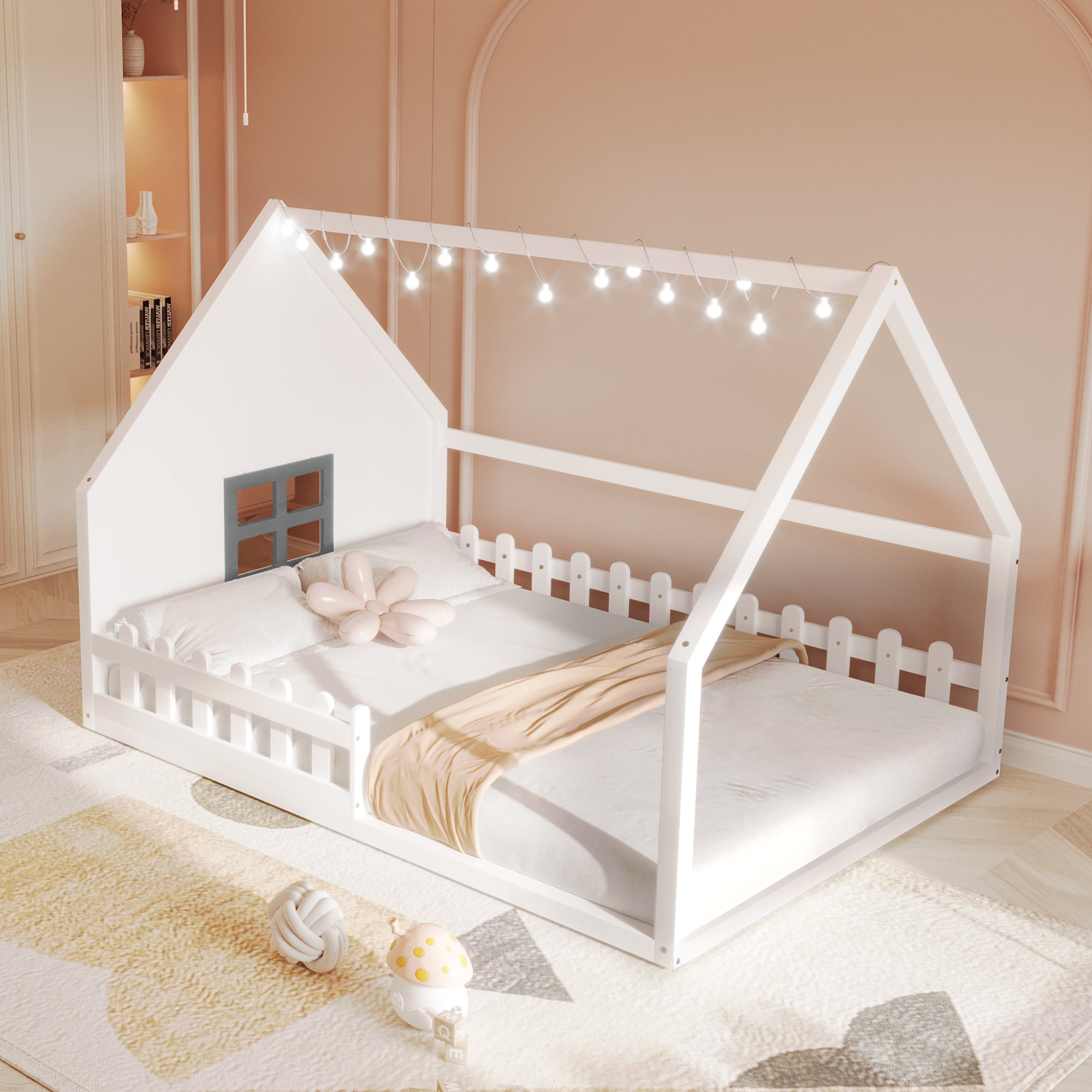 Full Size White Wood House Bed with Window & Fence