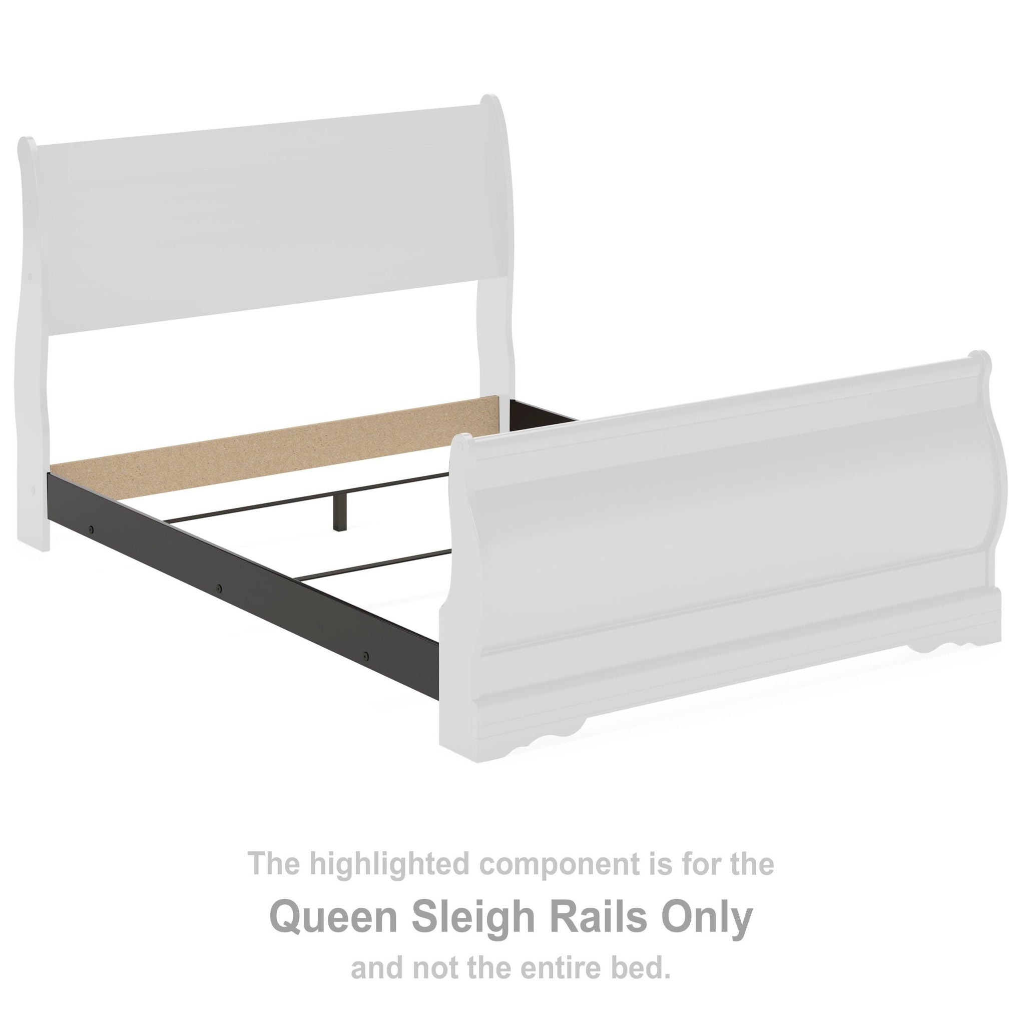 Queen sleigh bed rails, highlighted component, dark base frame and light rails