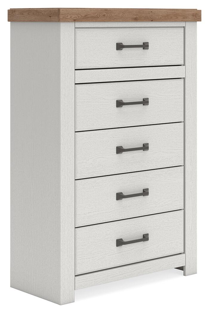 White chest of drawers with five drawers, brown top, and dark metal bar handles