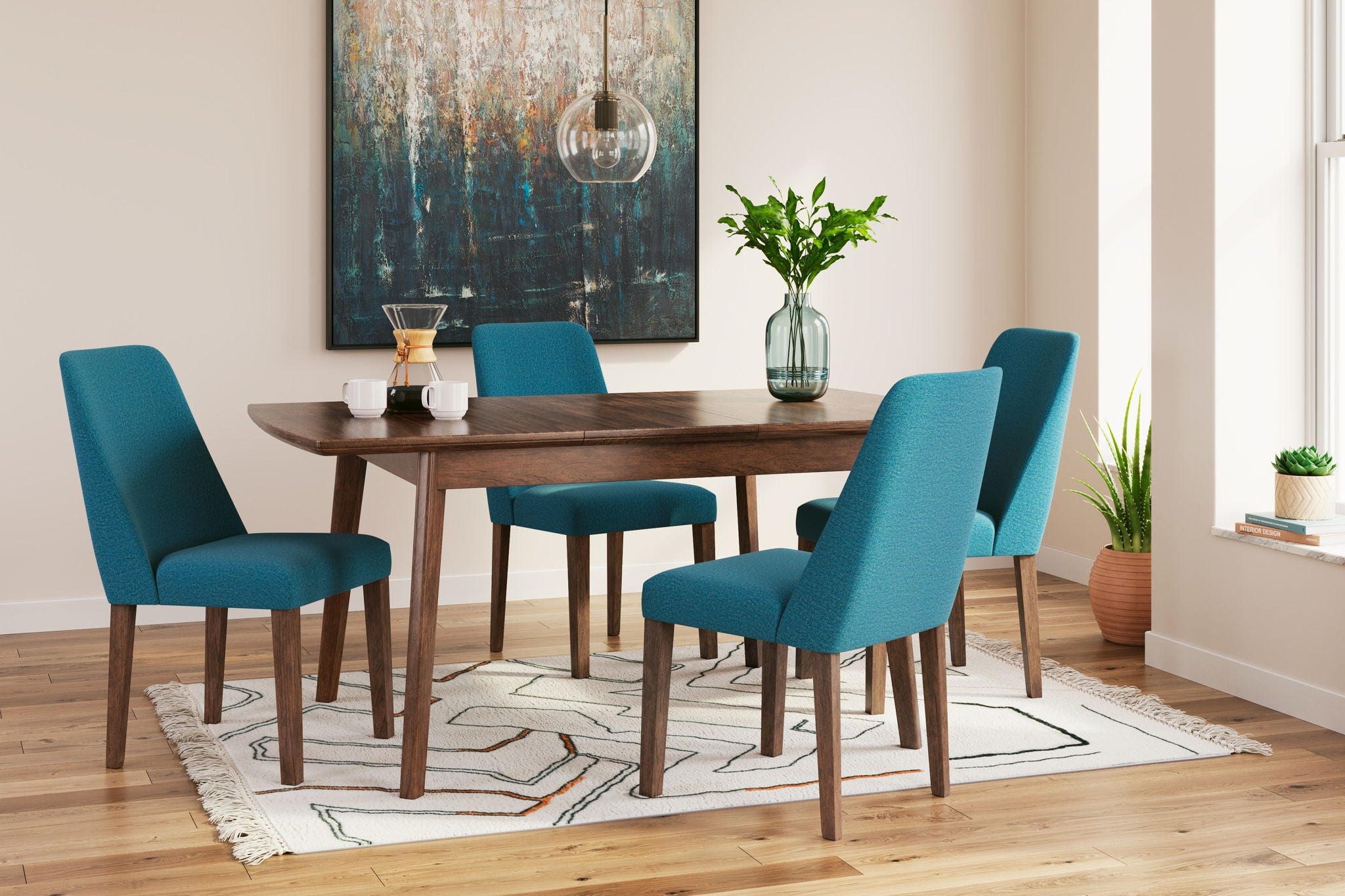 Dining table set with dark wood table and teal upholstered chairs