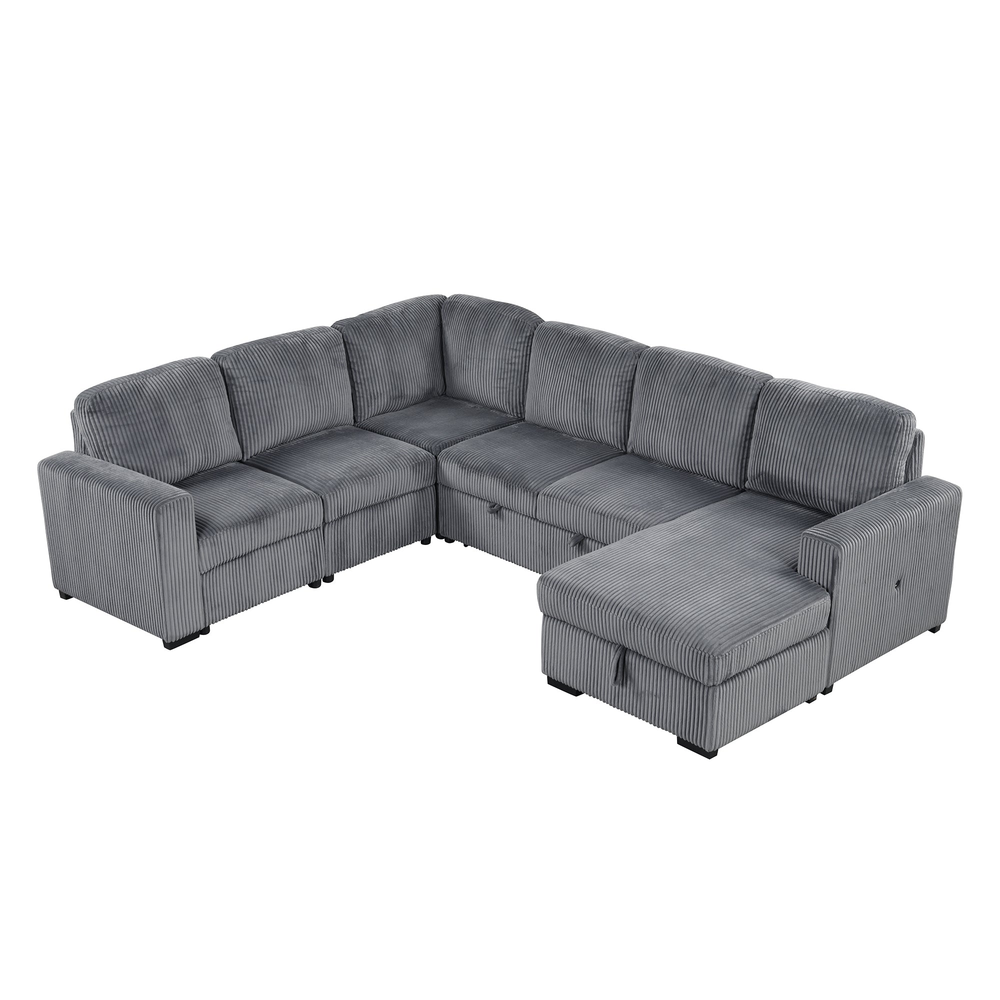 U-Shaped Corduroy Corner Sofa Sectional: Storage Lounge, Gray