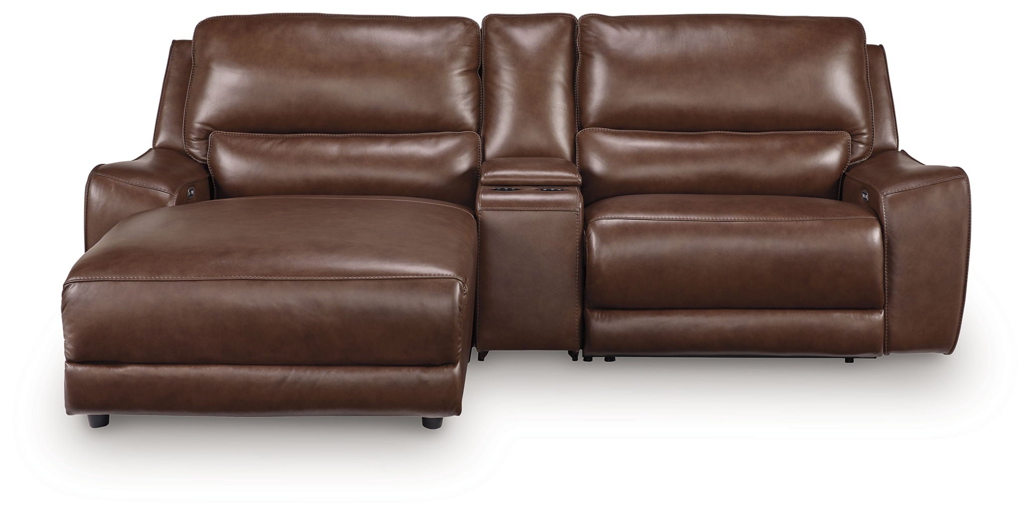 Dark brown power reclining loveseat with padded armrests and recline seat sections