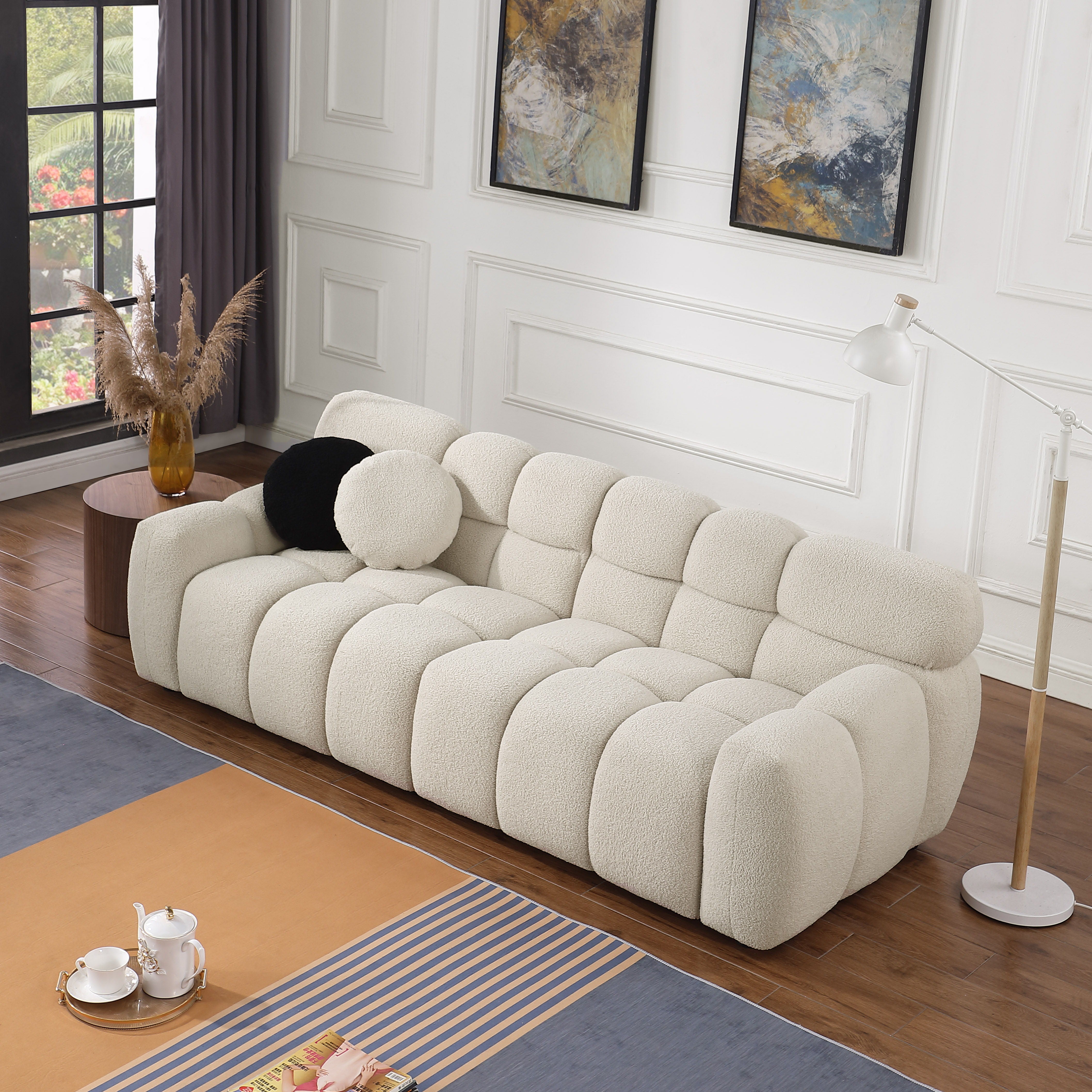 87.4 Length, 35.83" Deepth, Human Body Structure For Usa People, Marshmallow Sofa, Boucle Sofa, 3 Seater, Beige Boucle