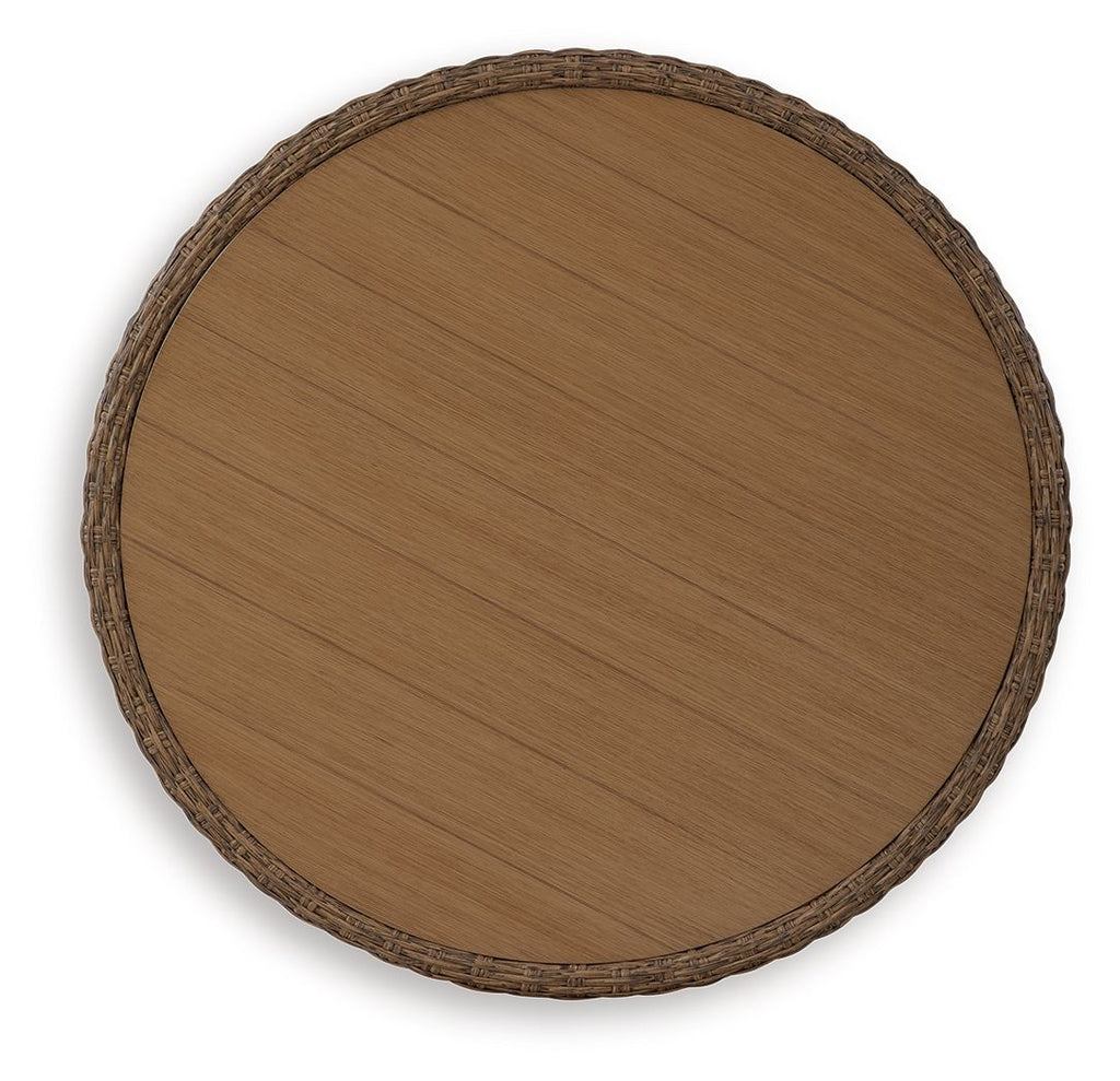 Round wicker cocktail table top with smooth wooden surface