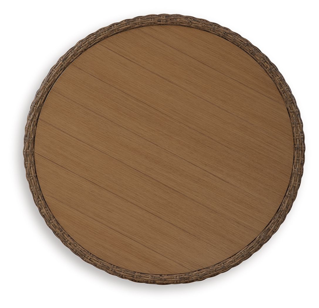 Round wicker cocktail table top with smooth wooden surface