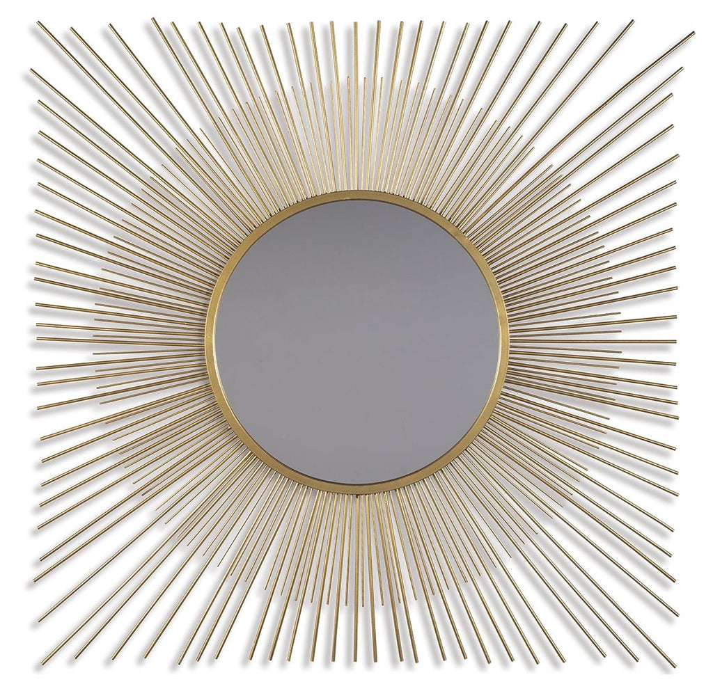 Gold accent round mirror with radiating thin rods around a dark reflective glass center