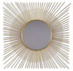 Gold accent round mirror with radiating thin rods around a dark reflective glass center